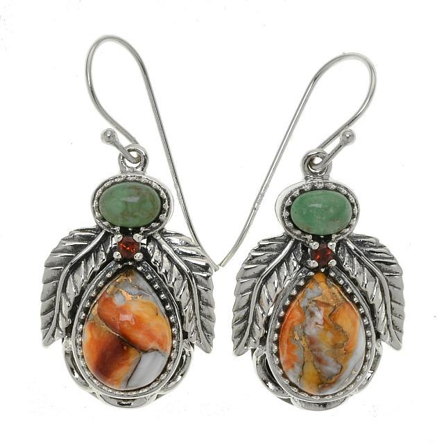 Silver Spiny Oyster & Turquoise Leaf Drop Earrings (1 of 1)