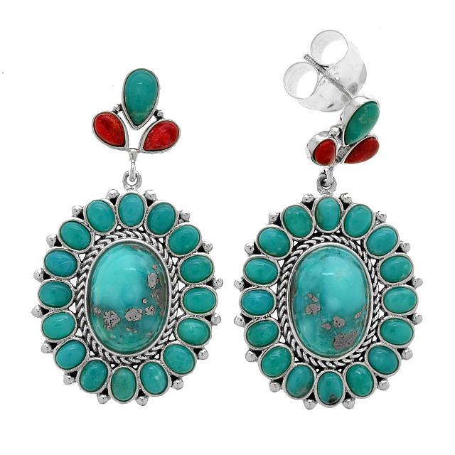 Silver Campo Frio Turquoise & Coral Drop Earrings: Metal: Rhodium over sterling silver with oxidized accents_x000D_ Stone Information:_x000D_ Stabilized Campo Frio Turquoise: Two pear 7 x 4mm, two oval 13.5 x 10mm and various oval 4 x 3mm cabochons_x0