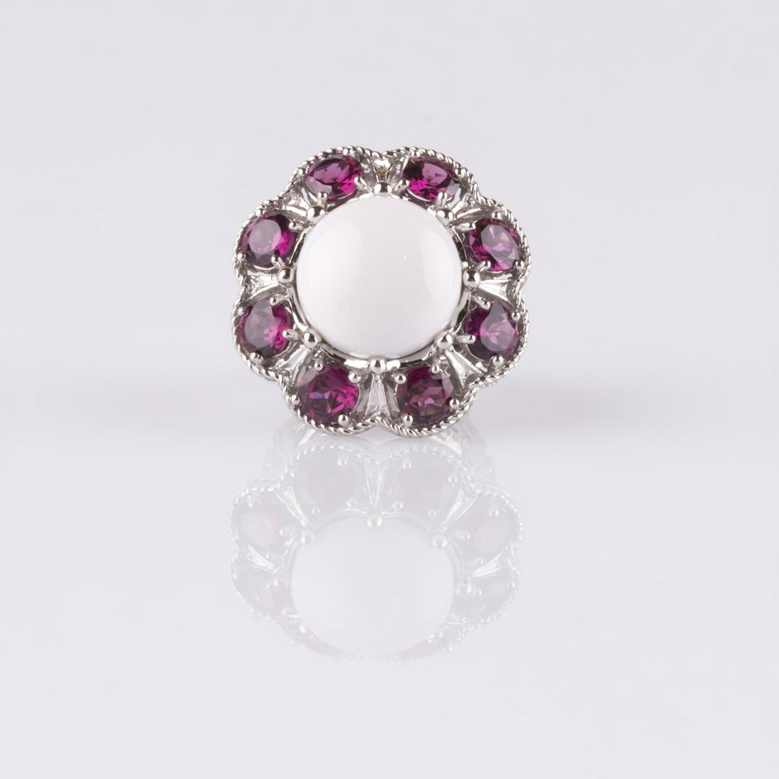 Sterling Silver Agate & Garnet Flower Ring-SZ 7: Metal: Rhodium over sterling silver_x000D_ Stone Information:_x000D_ Dyed White Agate: One round 14mm cabochon Rhodolite Garnet: Eight round modified-brilliant cut 5mm_x000D_ Setting Type: Adhesive an