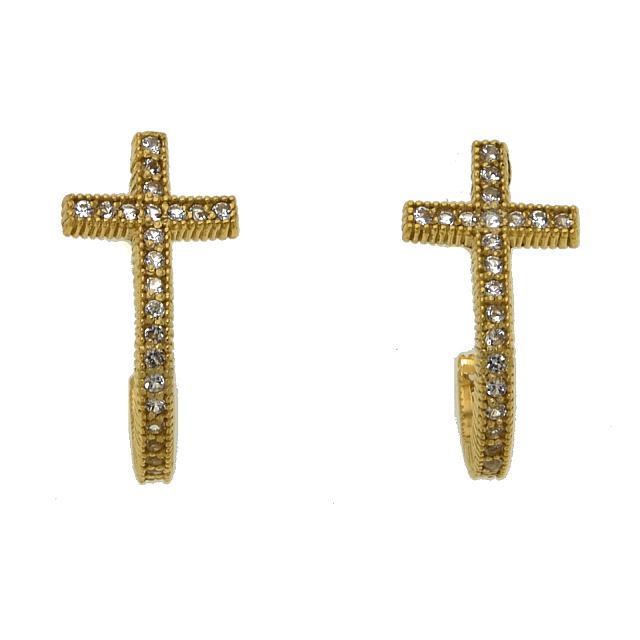 14k Gold over Silver CZ J-Hoop Cross Earrings: • Sparkling cubic zirconia_x000D_ • Setting: Prong/ Adhesive_x000D_ • Measurement: 17 mm L x 10 mm W x 2 mm H _x000D_ • Comfortable butterfly clasp_x000D_ • Gold Tone ove