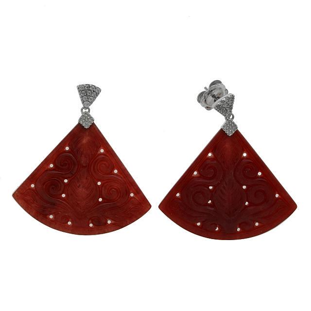 Silver Carved Red Jade & Zircon Fan Drop Earrings: Metal: Rhodium over sterling silver_x000D_ Stone Information:_x000D_ Dyed Jade Choice: Two triangle shaped carved 41mm x 37mm red_x000D_ White Zircon: Two round modified-brilliant cut 2mm and 18 round