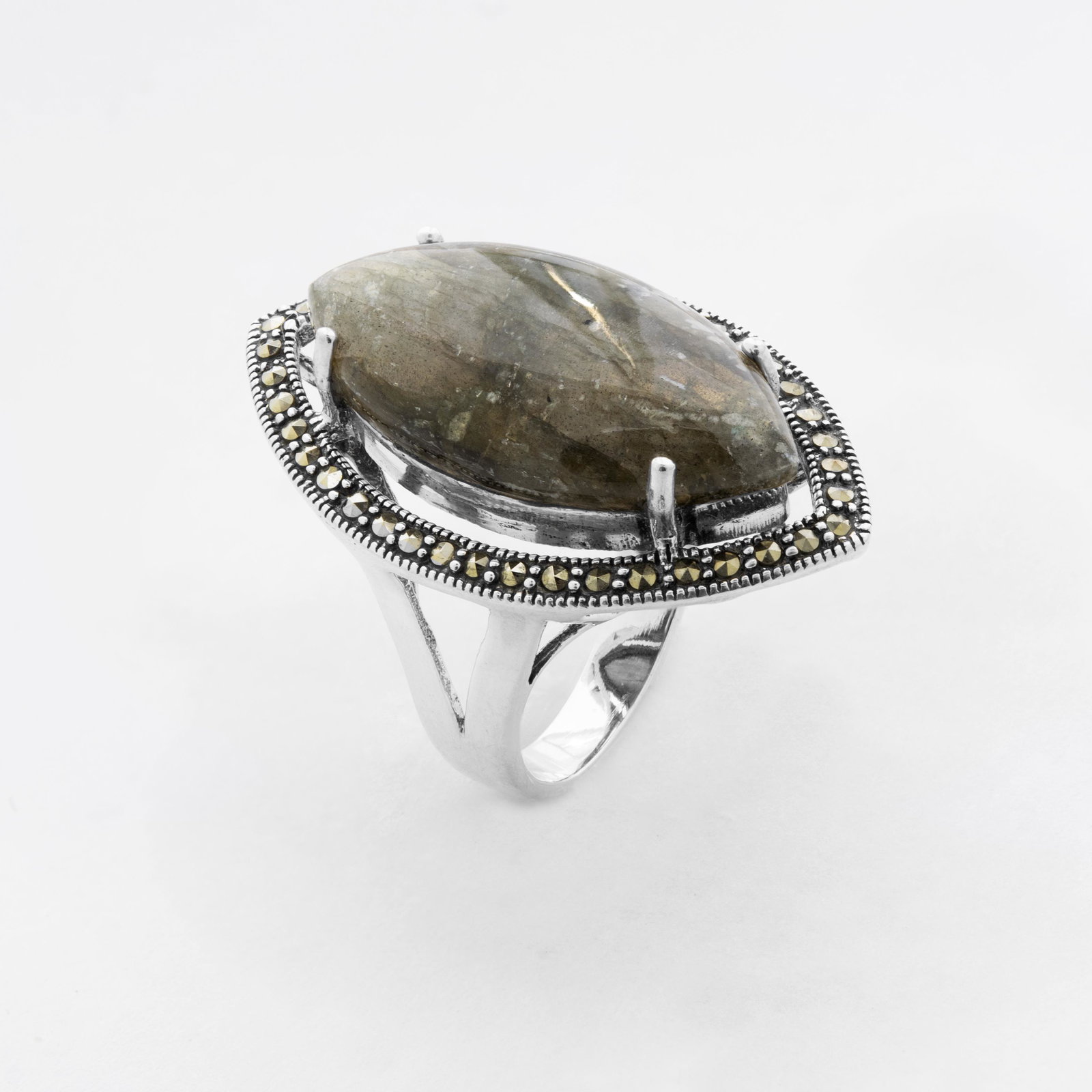 Sterling Silver Labradorite & Marcasite Ring-SZ 7: This striking ring from the Addison Lane Weekend Collection is embellished with genuine labradorite and marcasite on a band of oxidized sterling silver to create a striking design. Labradorite is said