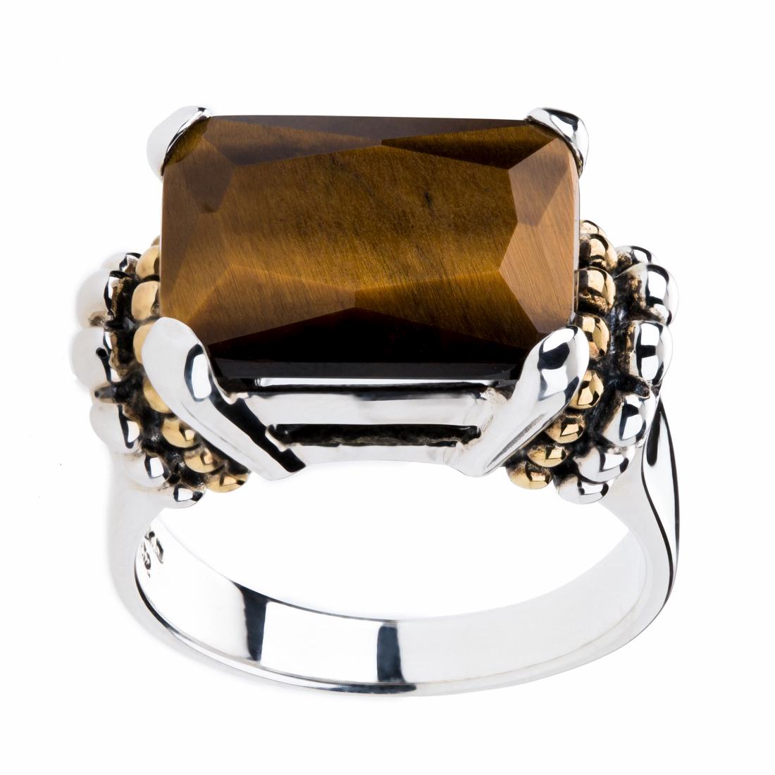 Silver Tiger's Eye Gold Accents Beaded Ring-SZ 8_x000D_: Crafted by Artisans in 925 Sterling Silver_x000D_ Add a delightful bit of color with Pangea Mines beautifully crafted sterling silver band. The gleaming sterling setting is adorned with East-West Tige