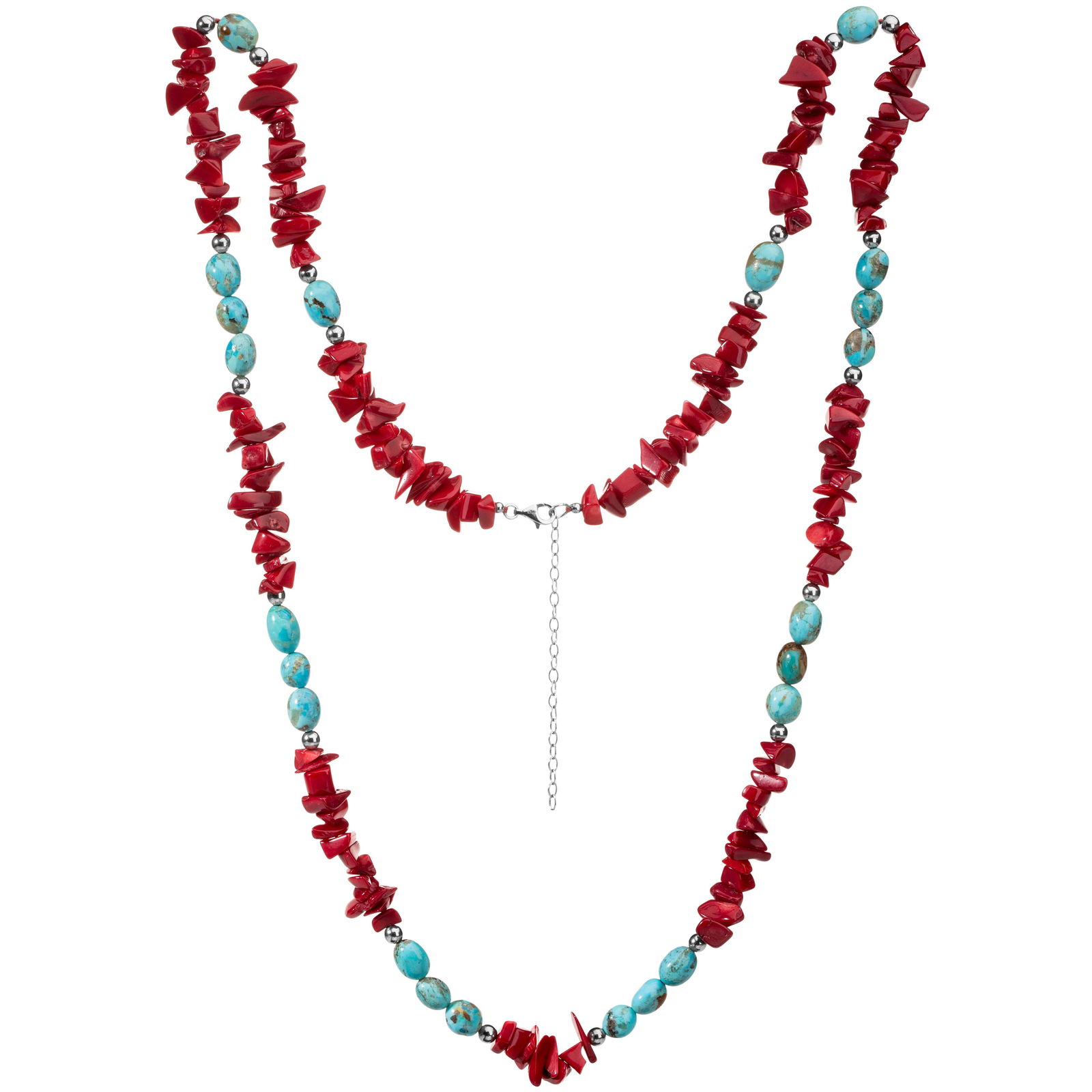 Silver Coral Chip _x000D_ & Turquoise Bead Necklace 36" (1 of 3)