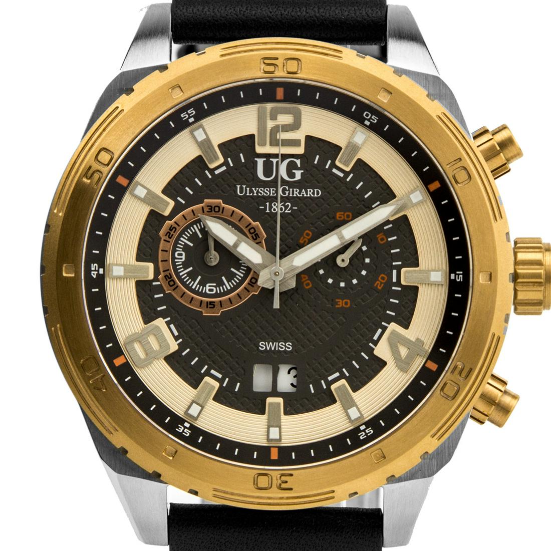 Ulysse Girrard Swiss Chronograph Men's Watch: Main Features: Swiss Movement, True Chronograph, Luminescent Hands_x000D_ Hands: Luminescent hands_x000D_ Case Shape: Round_x000D_ Material: Stainless Steel, Genuine Leather_x000D_ Case Thickness: 13m
