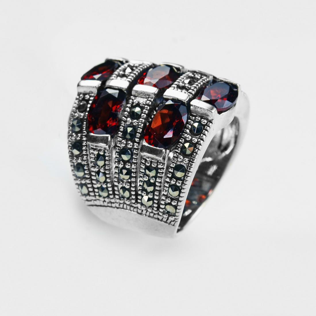 Sterling Silver Marcasite & Garnet Ring-SZ 5: • Genuine marcasite & garnet _x000D_ • Setting: Prong/ Adhesive_x000D_ • Measurement: 21mm L x 21mm W_x000D_ • Gleaming rhodium over fine sterling silver_x000D_ • Disclai