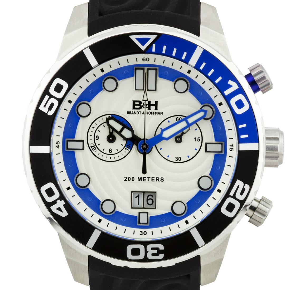 Brandt & Hoffman Men's Swiss Chronograph Watch: A bold take on a classic design. Apply named Epicenter, as the design inspiration of this watch comes from ripples in the water. As seen in the dial design as well as the comfortable silicone strap, a