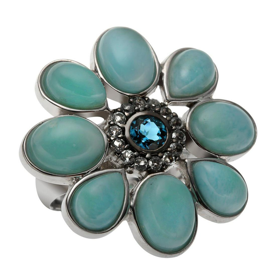 Sterling Silver Larimar & Topaz Flower Ring-SZ 8: Pangea Mines Royal Island Dominican Larimar Island Flower Gemstone Ring_x000D_ As delightful and welcome as the first flowers of spring, Pangea Mines lovely ring from the Royal Island collection is fu