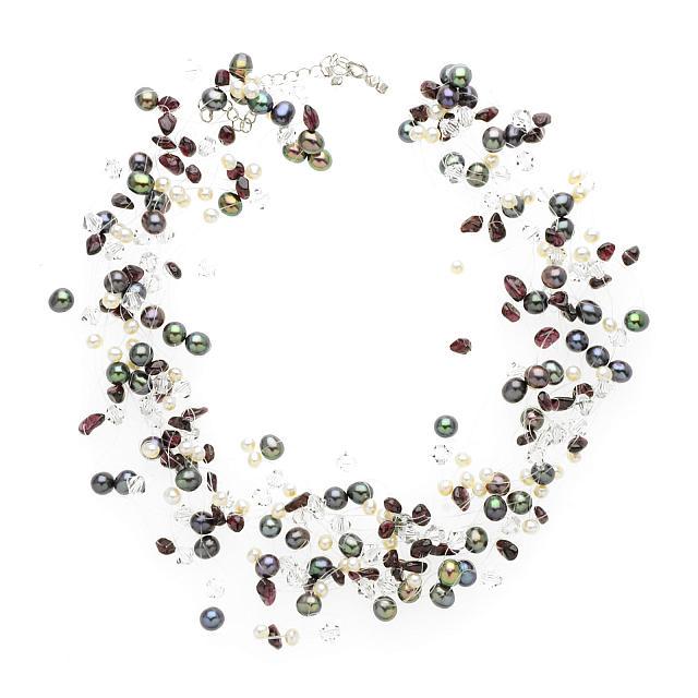 Silver Illusion Floating Pearl Necklace 16": • Genuine white freshwater pearls, peacock pearls & Garnet chips_x000D_ • Multi strands illusion floating necklace_x000D_ • 16 inch length _x000D_ • Silver spring ring clasp_x0