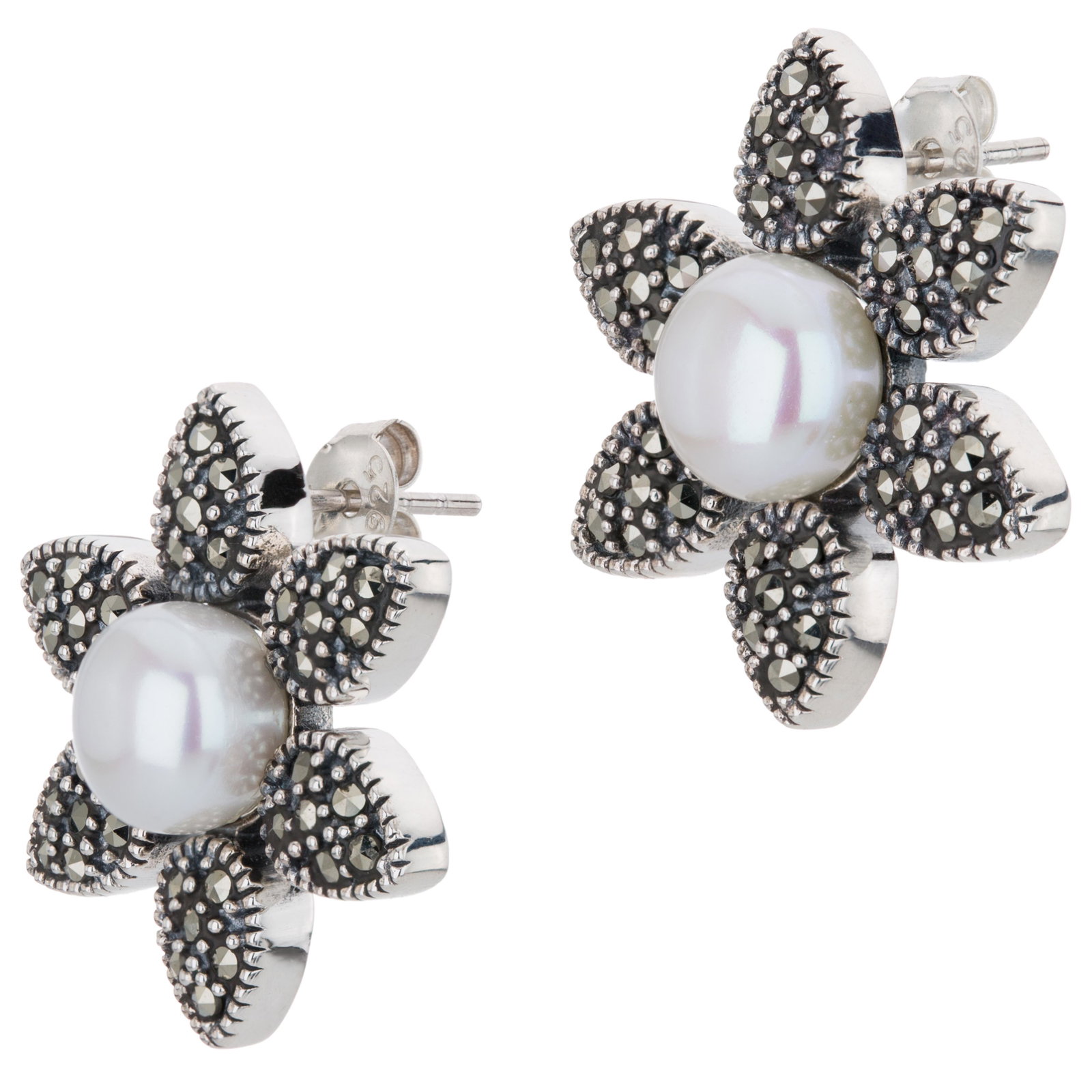 Silver Freshwater Pearl & Marcasite Stud Earrings: A smart design from Addison Lane’s Felicity collection! These lovely earrings are beautifully crafted in oxidized sterling silver and adorned with a lustrous freshwater pearl surrounded by marca