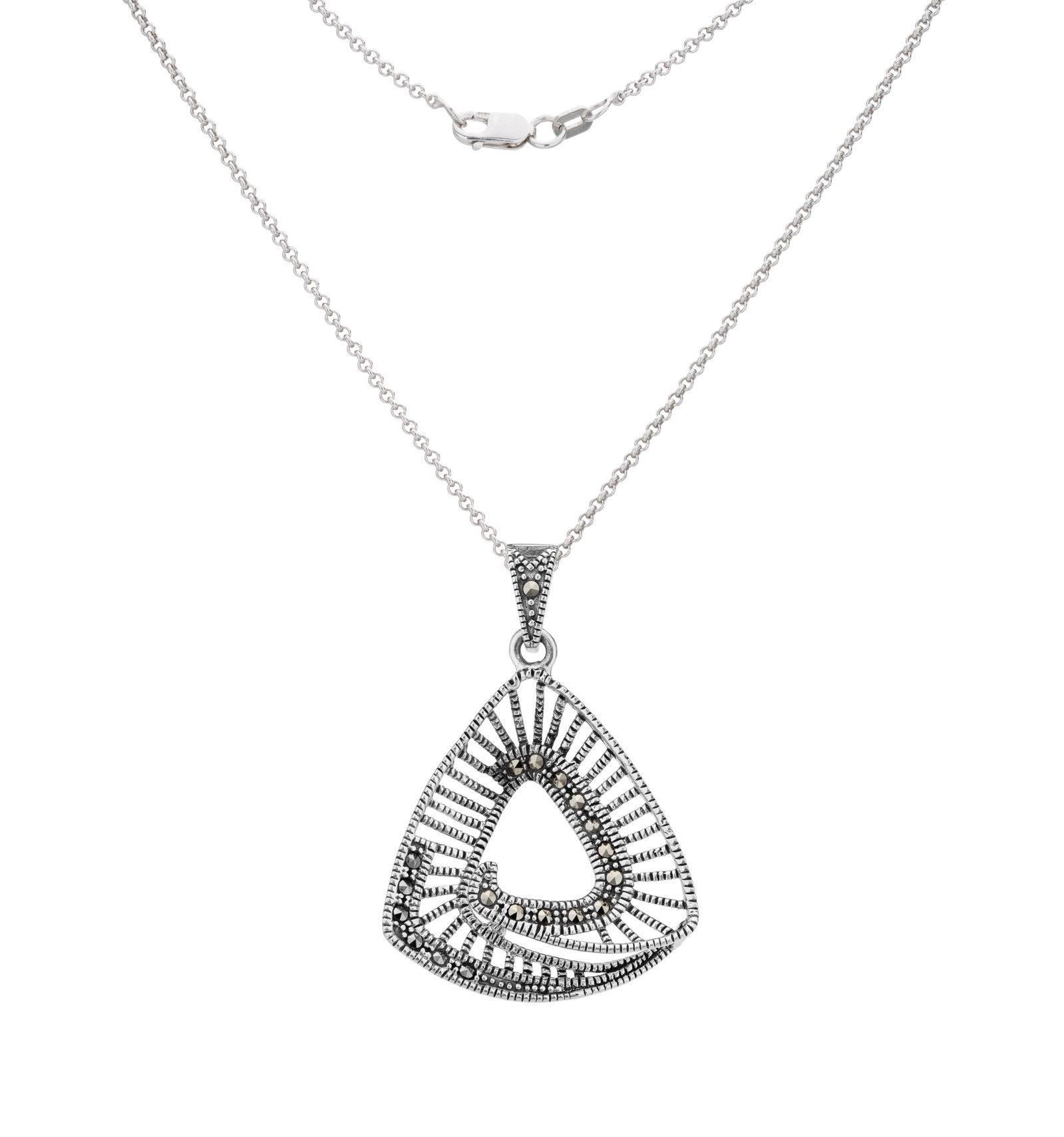 Silver Marcasite Open-Metalwork Triangular Pendant: This refreshing open metalwork design from the Addison Lane Weekend Collection creates a light, breezy accent perfect for an active weekend of fun. Beautifully crafted in oxidized sterling silver, the