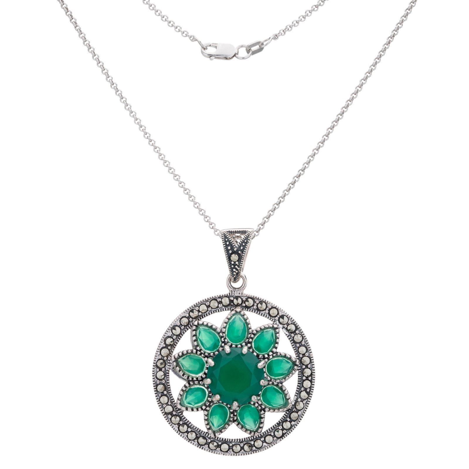 Silver Green Agate and Marcasite Flower Pendant: Metal: Rhodium over sterling silver_x000D_ Stone Information:_x000D_ Green Agate: round cut 11mm and pear cut 6x4mm Marcasite: round cut 2.5mm _x000D_ Setting Type: Prong_x000D_ Measurements:_x000D_ P