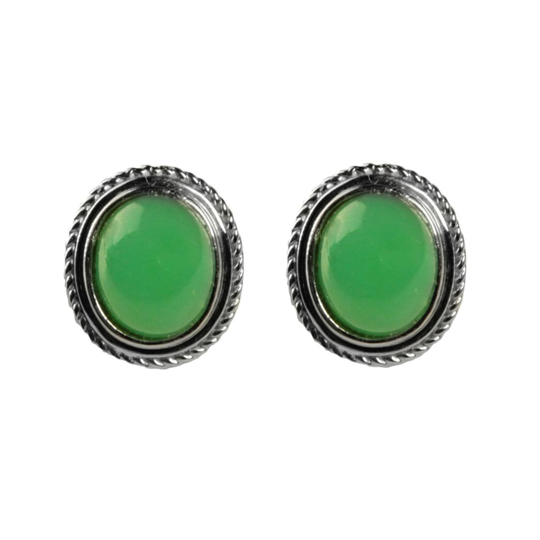 Silver Oval Green Jade Rope Textured Stud Earrings (1 of 1)