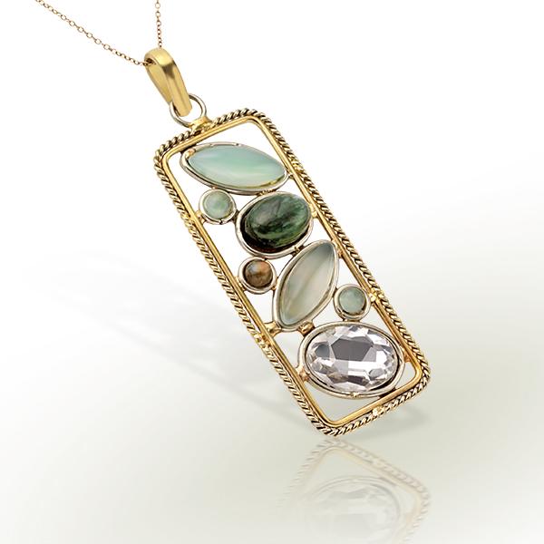 German Silver Chalcedony, Labradorite & CZ Pendant: • Genuine Chalcedony & Labradorite_x000D_ • Setting: Bezel_x000D_ • Measurement: 91mm L x 28mm W x 7 mm H_x000D_ • German silver with accent of brass and copper_x000D_ • 