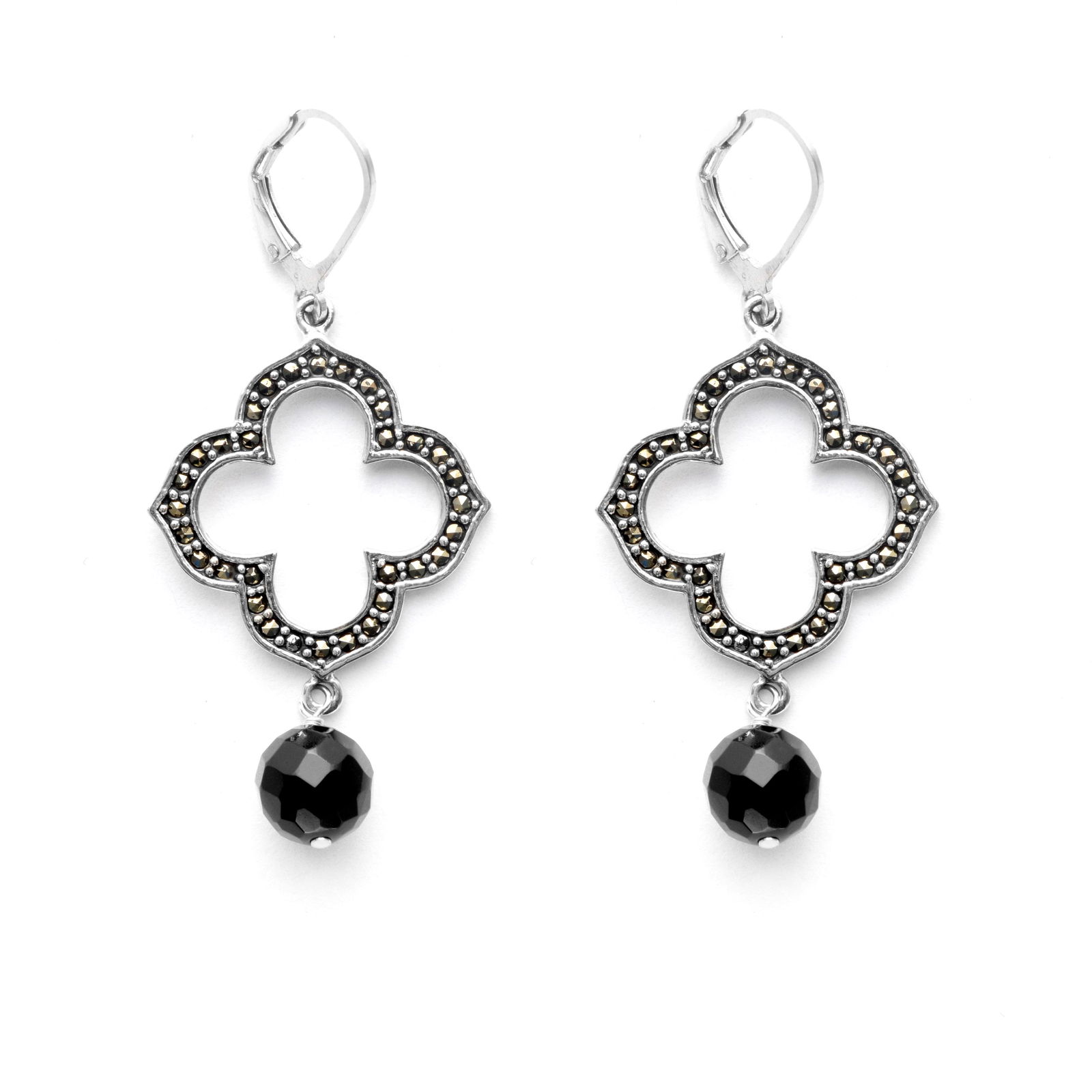 Silver Marcasite & Black Onyx Drop Earrings (1 of 1)