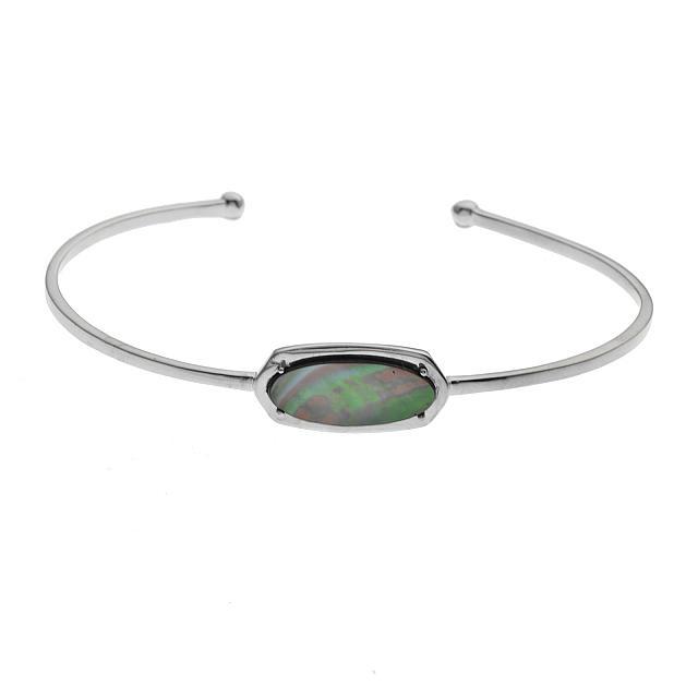 Silver Tone Grey Mother of Pearl Bracelet: • Genuine grey mother of pearl_x000D_ • Setting: Adhesive_x000D_ • Measurement: Adjustable length (open cuff)_x000D_ • Gleaming rhodium over brass_x000D_ • Disclaimer: Ge
