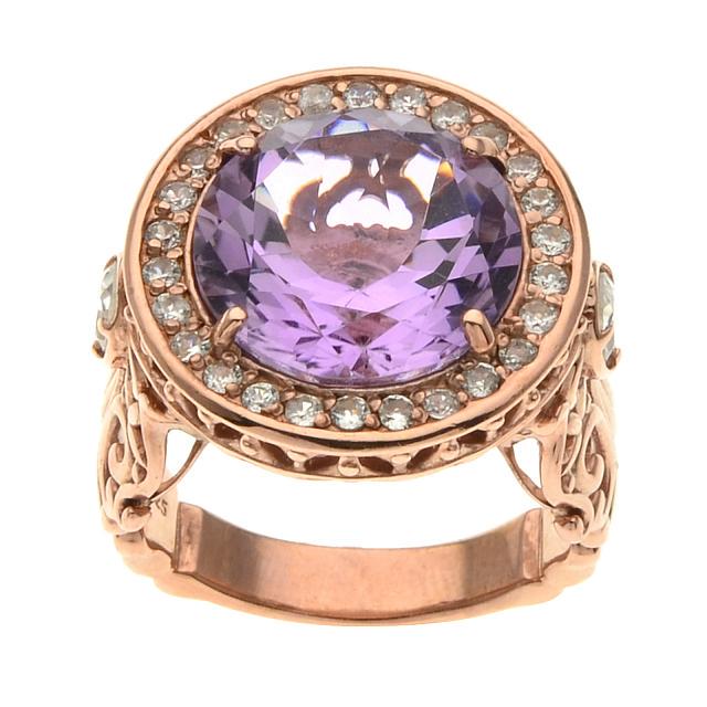 14K Rosegold Vermeil Pink Amethyst Ring-SZ 8: Metal: 14K rose vermeil over sterling silver_x000D_ Stone Information:_x000D_ Gemstone Choice: One round modified-brilliant cut 13mm pink amethyst _x000D_ White Zircon: Two pear cut 5 x 3mm and 26 rou