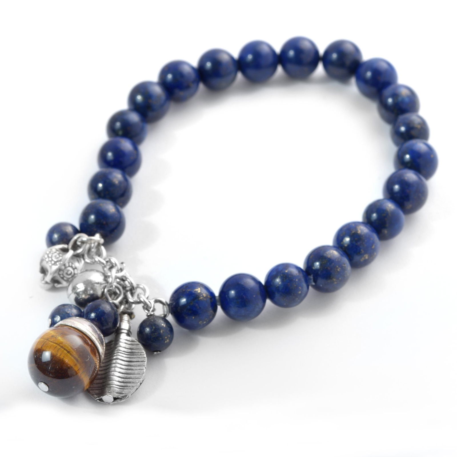 Silver Lapis & Tiger Eye Charm Bead Bracelet 7"_x000D_ (1 of 3)