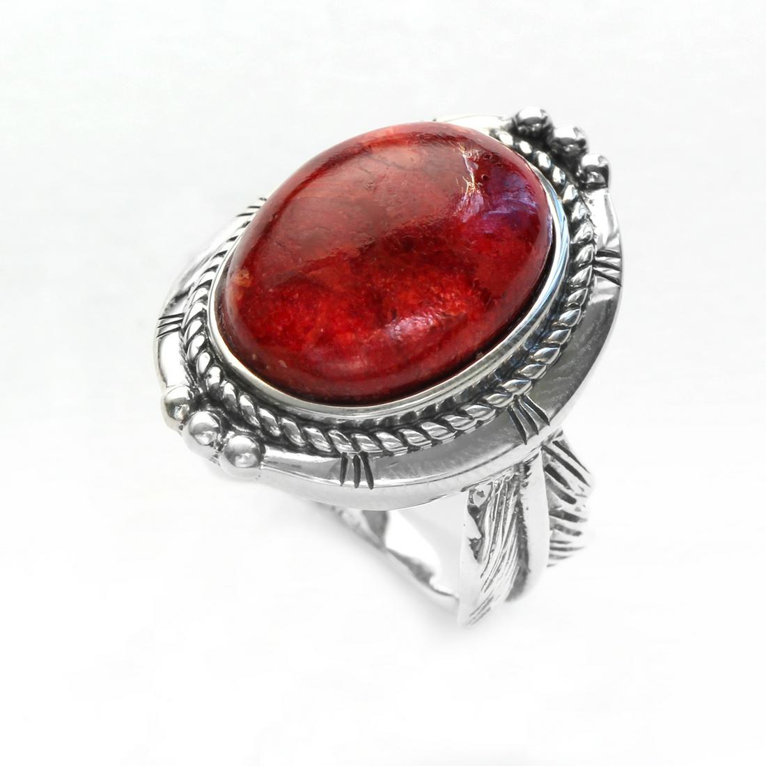 Silver Oval Red Coral Leaf Detailed Ring-SZ 6 (1 of 1)