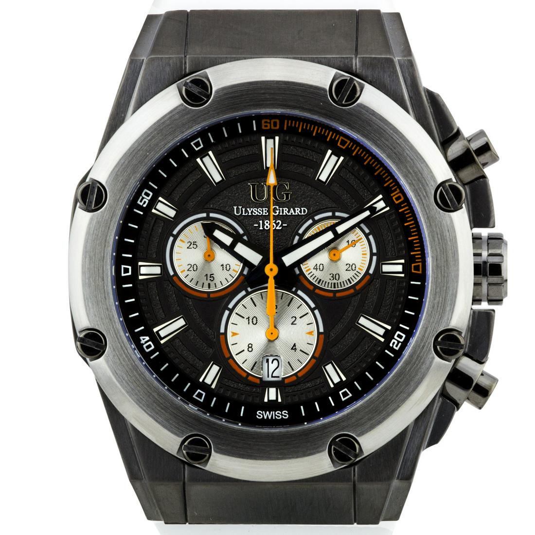 Ulysse Girard Swiss Chronograph Arbour Mens Watch: Main Features: CH3868 07 Quartz Movement, Surgical Grade 316L Stainless Steel Build, True Chronograph Functions, Luminescent Hands_x000D_ Hands: Luminescent hands_x000D_ Case Shape: Round_x000D_ Mater
