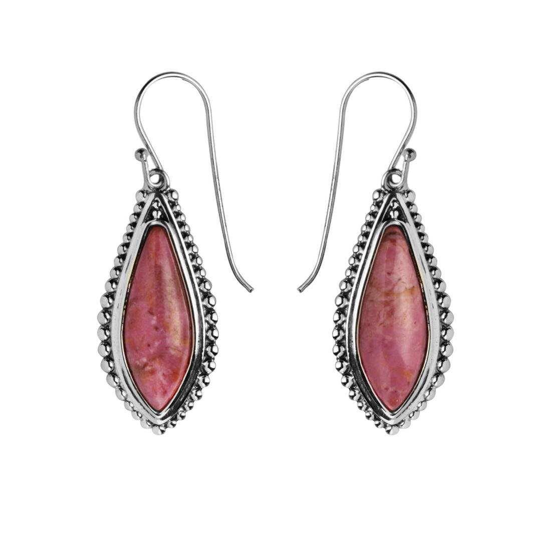 Sterling Silver Rhodonite Beaded Earrings: • Genuine rhodonite_x000D_ • Setting: Prong/ Adhesive_x000D_ • Measurement: 48mm L x 6mm W x 5mm H _x000D_ • Comfortable french hook_x000D_ • Gleaming rhodium over fine s