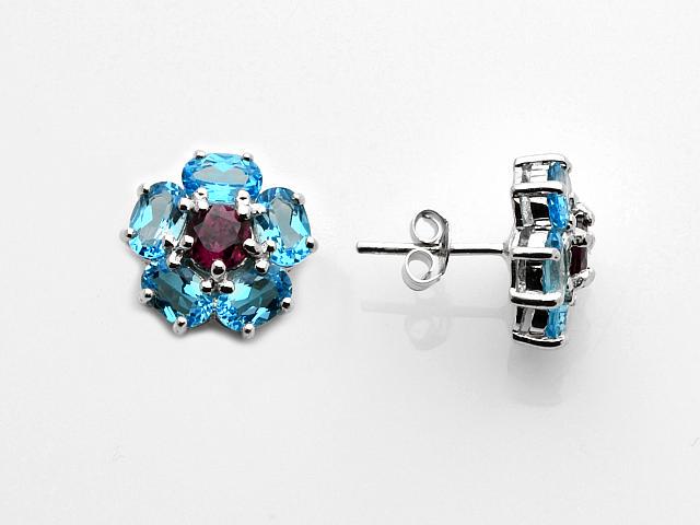 Sterling Silver Blue Topaz & Garnet Stud Earrings (1 of 1)