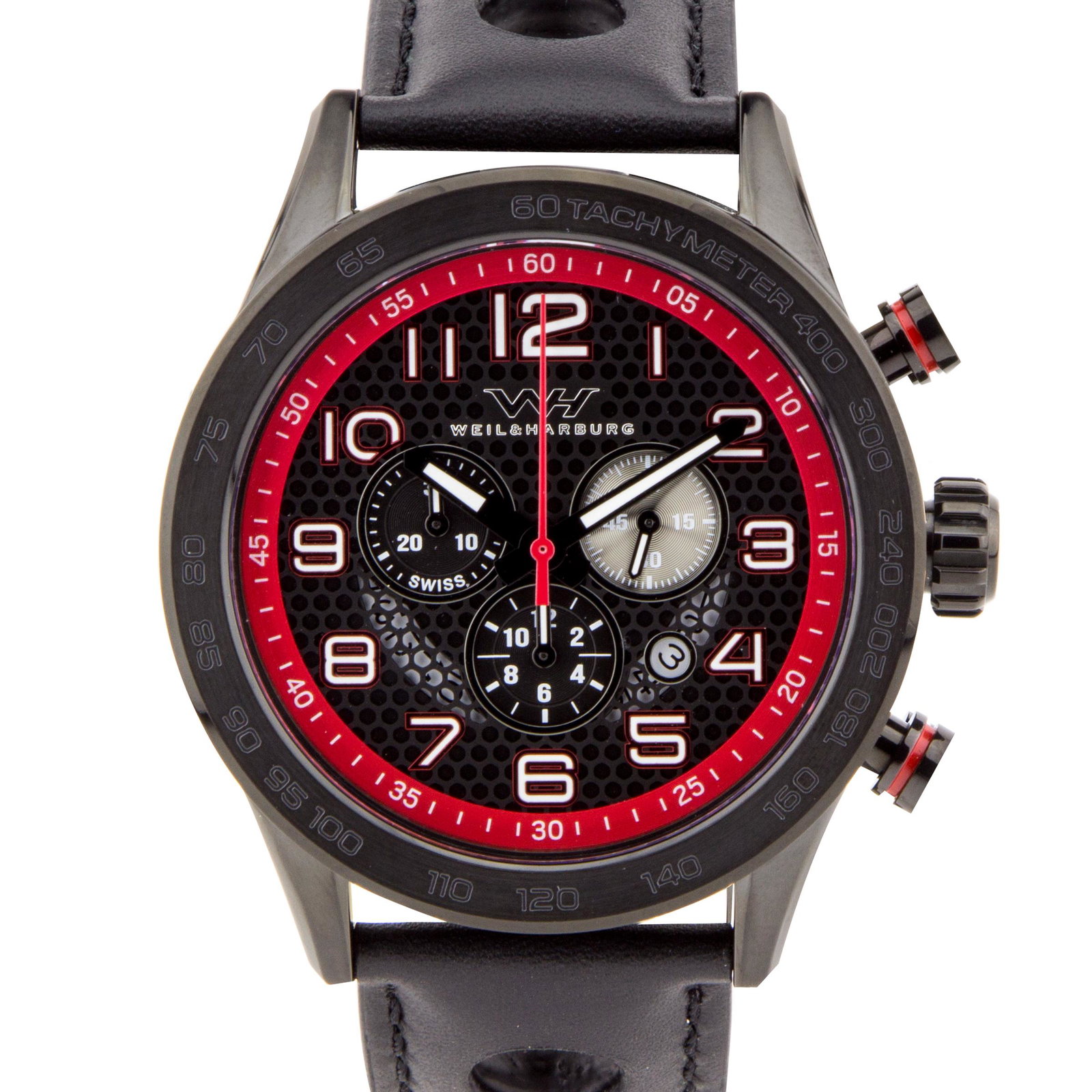 Weil & Harburg Karkin Mens Chronograph Watch: Multi colored, multi textured dial, open date window, lumonesent haands and markers 13mm x 49mm x x200mm_x000D_ Stainless steel, pull-down, pull-down 10ATM_x000D_ Leather strap, stainless steel buckle