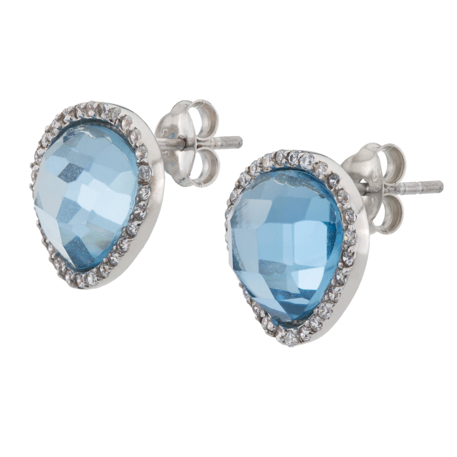 Sterling Silver Pave Halo Stud Earrings: This shimmering free form Simulated Sky Blue Spinel stud earring dazzles with its simulated diamond pave halo. Finely Crafted in Anti-tarnishing Rhodium over 925 Sterling Silver. Checkerboard faceting