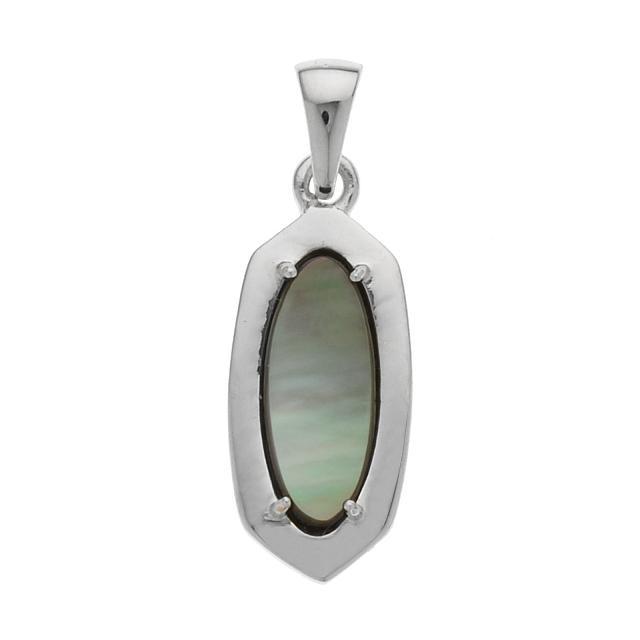 Silver Tone Oval Grey Mother of Pearl Pendant: • Genuine grey mother of pearl_x000D_ • Setting: Adhesive_x000D_ • Measurement: 28mm x 10mm x 3mm_x000D_ • Gleaming rhodium over brass_x000D_ • Disclaimer: Gemstones may 