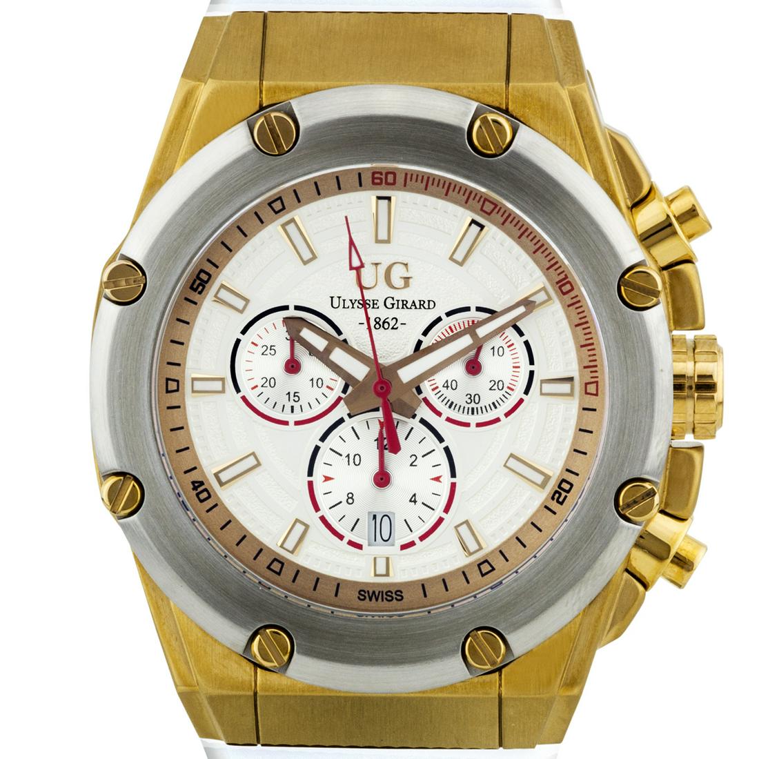 Ulysse Girard Swiss Chronograph Arbour Mens Watch: Concentric Ring textured Dial with Outer Concave Ring Minute Marker housing 3 Sub Dials Large Luminous Hour and Minute Hands with Contrasting Colored Second Hand_x000D_ 3Hand 3 Sub Dial and date Chron