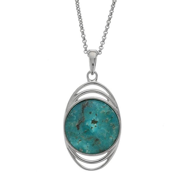 Silver Turquoise & Quartz Reversible Pendant: • Genuine buffalo quartz & campo frio turquoise_x000D_ • Reversible design with each gemstones cabochons on each side_x000D_ • 18” silver chain_x000D_ • Gleaming rhodium 