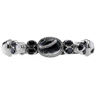 Silver White Buffalo Quartz & Spinel Bracelet 7.5": Pangea Mines Treasured Gems Collection Genuine sparkling black spinel & white buffalo gemstones adorn this lovely design from the Pangea Mines Treasured Gems Collection. Crafted in gleaming rhodium ov