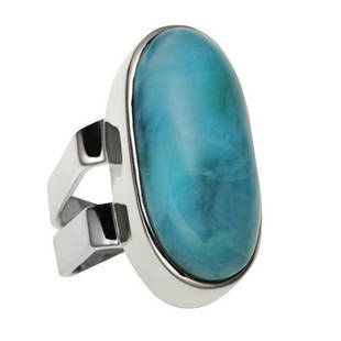 Sterling Silver Oval Larimar Elongated Ring-SZ 8: This charming ring features one genuine light blue Larimar cabochon in a north-south orientation on the top. The Cloudy alluring matrix of the Larimar exudes a calming sense of serenity which