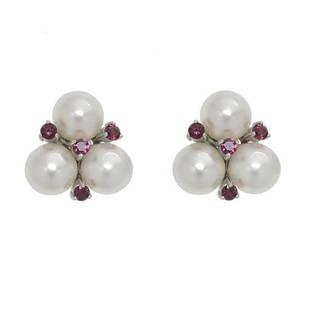 Sterling Silver 8mm Pearl & Garnet Stud Earrings: &#8226; Genuine freshwater Pearls & rhodolite garnet_x000D_ &#8226; Symmetrically clustered studs _x000D_ &#8226; Comfortable butterfly clasp_x000D_ &#8226; Gleaming rhodium over fine sterling silver_