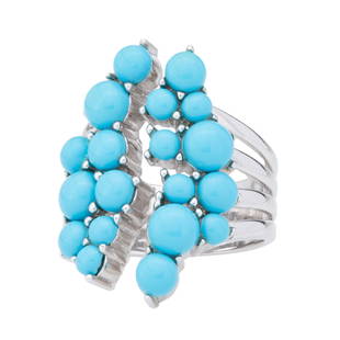 Silver Sonora Turquoise Open Band Cluster Ring-S10: Finely crafted in 925 Sterling silver with Brilliant blue Turquoise cabochons artfully bubble up on the top of the ring on either side. A deep crevice similar to a desert canyon splits the bubbles