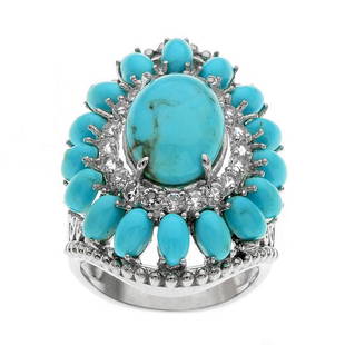 Sterling Silver Turquoise & Topaz Flower Ring-SZ 8: Metal: Rhodium over sterling silver_x000D_Stone Information:_x000D_Stabilized Kingman Turquoise: One oval 12 x 10mm and 16 oval 4.5 x 3mm cabochons_x000D_White Topaz: 20 round modified-brilliant cut