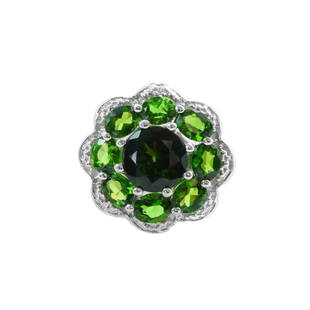 Silver 2.59ctw Chrome Diopside Flower Ring-SZ 9: Eye-catching style is in full bloom with these lovely flower ring from the Pangea Mines Treasured Gems Collection. Beautifully crafted in gleaming rhodium over sterling silver and adorned with exotic