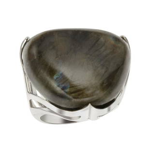 Silver Triangle Shaped Labradorite Ring-SZ 9: Crafted in polished rhodium over 925 sterling silver, this lovely ring captures the eye with one large triangular shaped labradorite gemstone at the center. Cut-out vine-inspired details with divergen