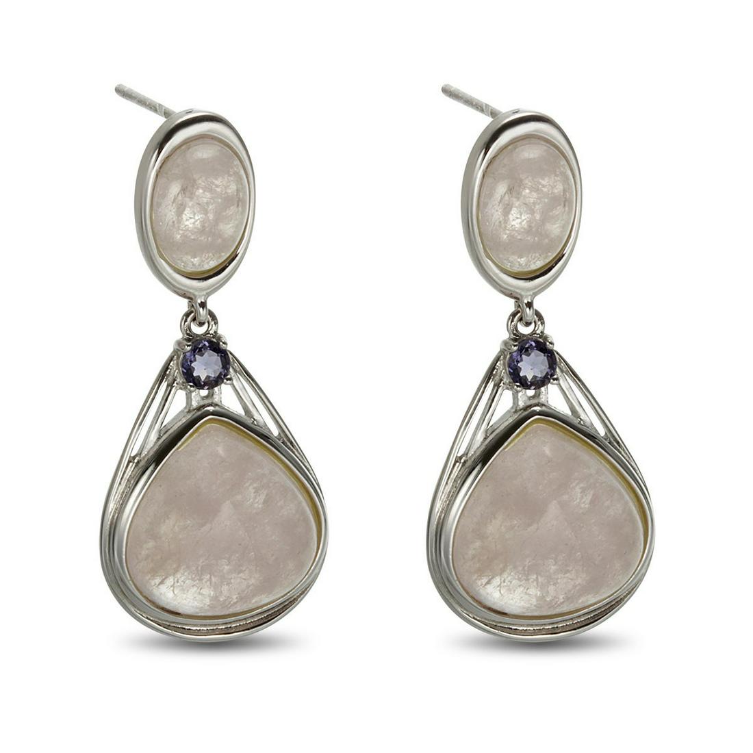 Sterling Silver Morganite & Iolite Drop Earring: Gorgeous soft coloration and lovely drop styling make these earrings from the Pangea Mines Pretty in Pink Collection a “must have.” Gleaming anti-tarnish rhodium over sterling silver is ad