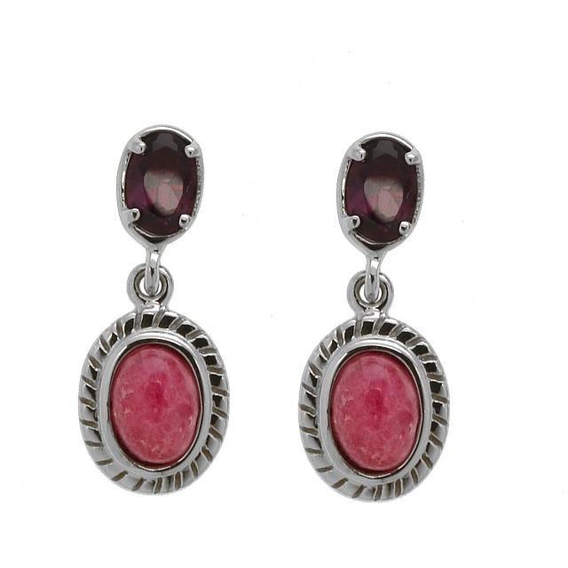 Sterling Silver Rhodonite & Garnet Dangle Earrings: Gorgeous color and beautiful styling make these earrings from the Pangea Mines Mined in America Collection a “must have.” Beautifully crafted in rhodium over sterling, this lovely design i