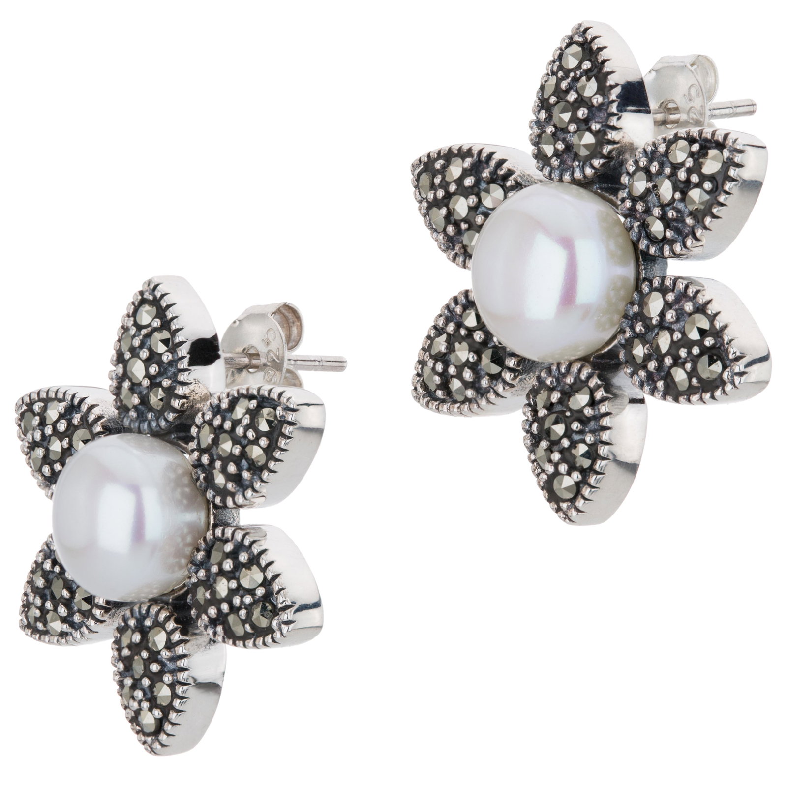 Silver Freshwater Pearl & Marcasite Stud Earrings (1 of 2)