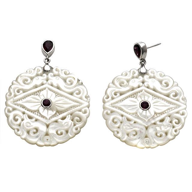 Silver 40mm Carved MOP & Garnet Drop Earrings (1 of 1)