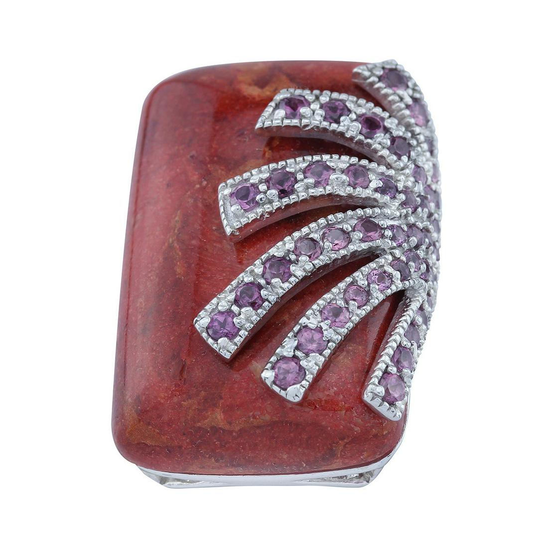 Silver Coral & Rhodolite Garnet Overlay Ring-SZ 6: With vibrantly rich color and significant size, this 925 sterling silver ring speaks loud and clear about your love of finely edited yet bold fashion. One large cushion shaped Red Coral gemstone caboc