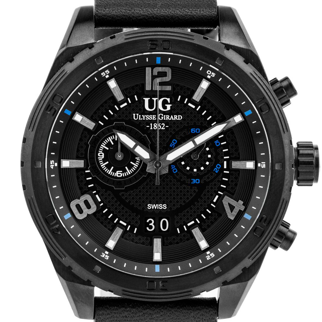 Ulysse Girrard Swiss Chronograph Men's Watch: Main Features: Swiss Movement, True Chronograph, Luminescent Hands_x000D_ Hands: Luminescent hands_x000D_ Case Shape: Round_x000D_ Material: Stainless Steel, Genuine Leather_x000D_ Case Thickness: 13m