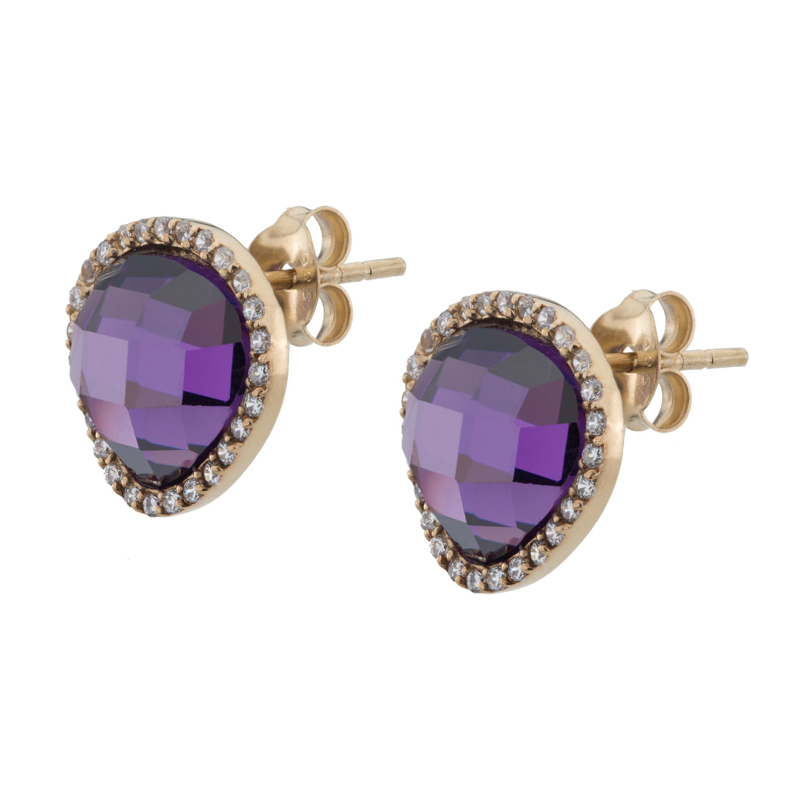 14K Gold over Silver Pave Halo Stud Earrings: This shimmering free form Simulated Amethyst stud Earring dazzles with its simulated diamond pave halo. Finely Crafted in 14K Yellow Gold over Sterling Silver. Checkerboard faceting, split band, and a