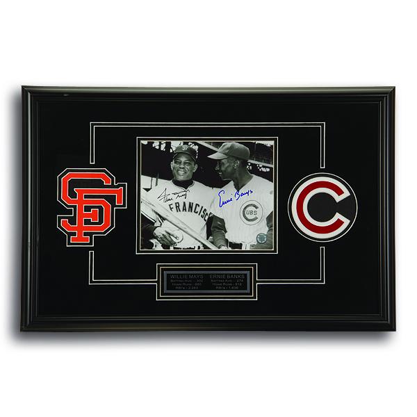 Willie Mays & Ernie Banks Framed 24x15 signed GFA: Willie Mays & Ernie Banks Custom Framed 24x15 Multi-Layer Matted 8x10 GFA