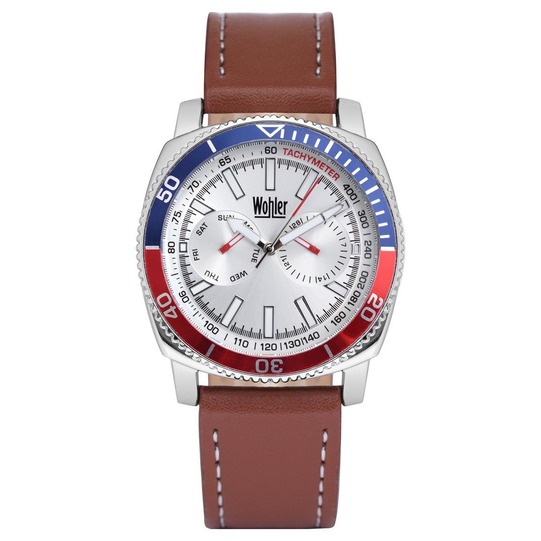 Wohler Tribecca Multi-Function Men's Watch: Wohler Men's Watch, Brown Leathe Strap,Multi-Function Silver Dial, Red And Blue Case