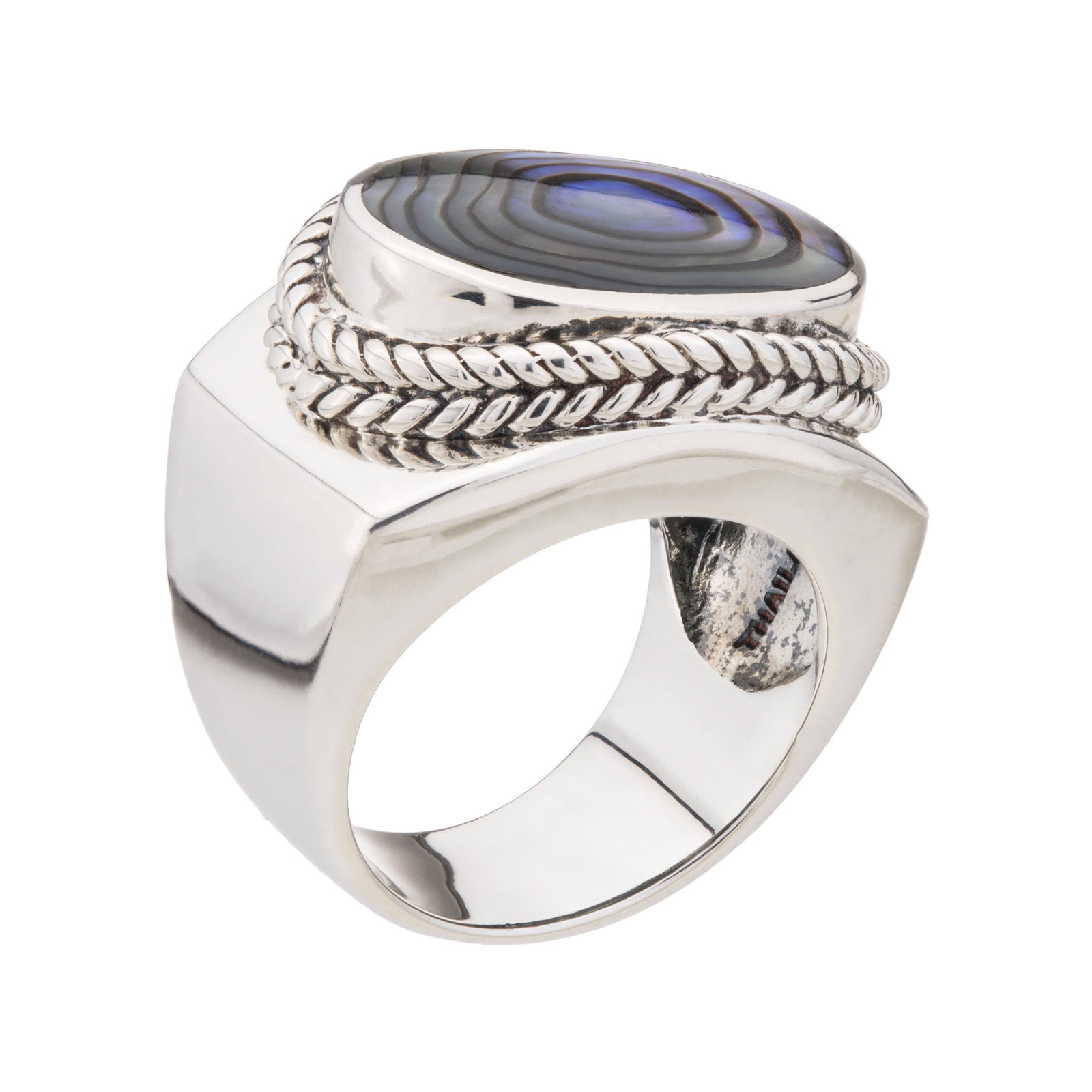 Sterling Silver Oval Abalone East-West Ring-SZ 10: Impressive color, size and luster makes this lovely design from Pangea Mines an eye-catching dazzler! Adorned with an 18 x13mm oval Abalone cabochon, it is beautifully crafted in gleaming sterling sil