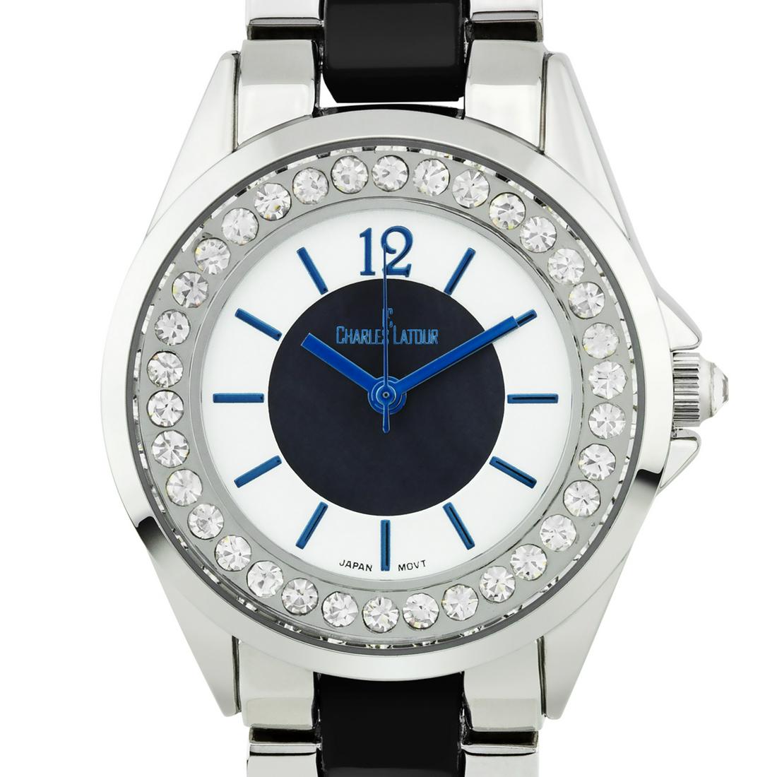 Charles Latour Pearlized Dial Core Ladies Watch: The Charles Latour has a sleek 34mm case with stunning Czech crystals surround the outer chapter ring. A mirror finish arabic numeral at 12, and a pearlized dial core compliment the variaty of colors 