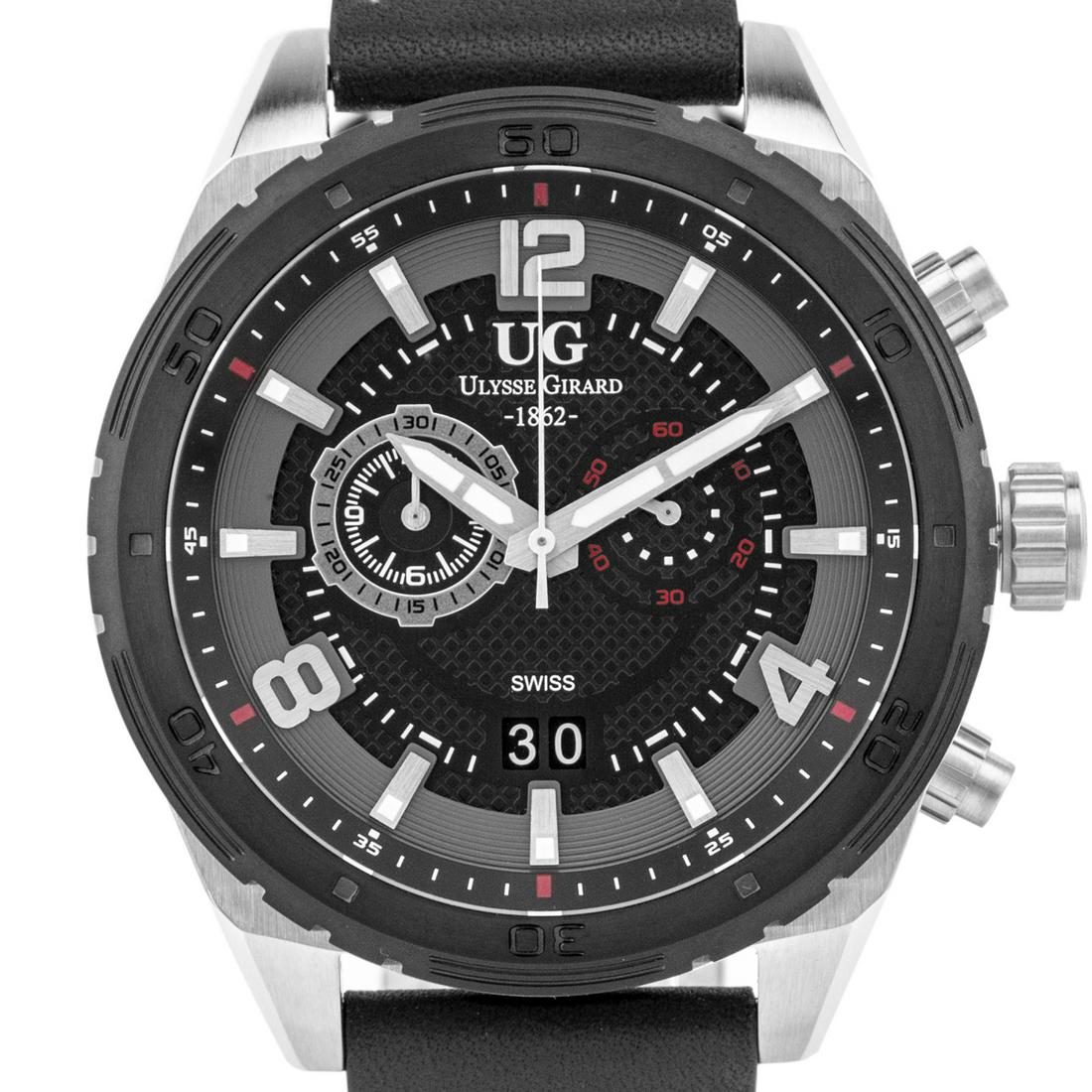 Ulysse Girrard Swiss Chronograph Men's Watch: Main Features: Swiss Movement, True Chronograph, Luminescent Hands_x000D_ Hands: Luminescent hands_x000D_ Case Shape: Round_x000D_ Material: Stainless Steel, Genuine Leather_x000D_ Case Thickness: 13m